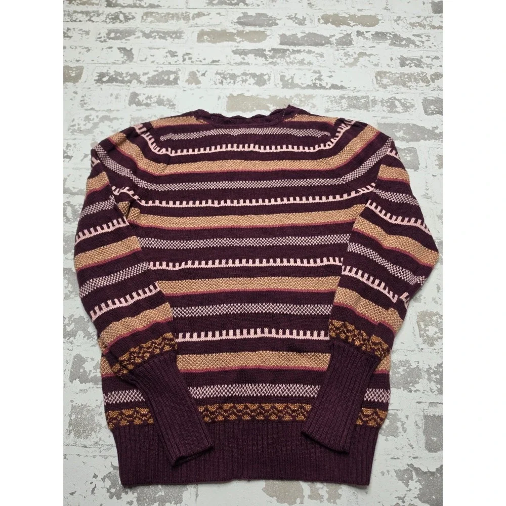 LOFT Scalloped Metallic Sweater Women's XS Burgundy Gold Striped